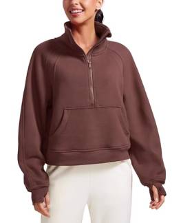 CRZ YOGA Damen Fleece Gefüttert Sweatshirt 1/2 Reißverschluss Pullover mit Taschen Winter Rollkragenpullover mit Daumenloch Taupe 42 von CRZ YOGA