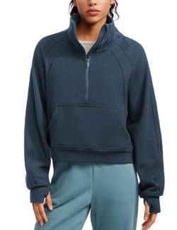 CRZ YOGA Damen Fleece Gefüttert Sweatshirt 1/2 Reißverschluss Pullover mit Taschen Winter Rollkragenpullover mit Daumenloch Tinte Blau 38 von CRZ YOGA
