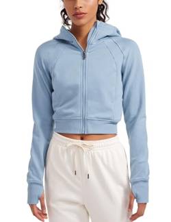 CRZ YOGA Damen Full Reißverschluss Fleece Hoodie Jacke Cropped Running Zip Up Laufjacke Workout Sport Sweatjacke mit Daumenloch Cambric-Blau 42 von CRZ YOGA