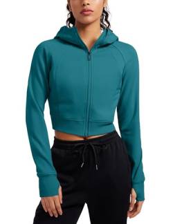 CRZ YOGA Damen Full Reißverschluss Fleece Hoodie Jacke Cropped Running Zip Up Laufjacke Workout Sport Sweatjacke mit Daumenloch Grüne Jade 40 von CRZ YOGA