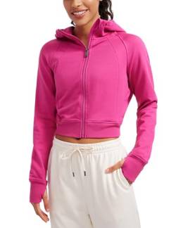 CRZ YOGA Damen Full Reißverschluss Fleece Hoodie Jacke Cropped Running Zip Up Laufjacke Workout Sport Sweatjacke mit Daumenloch Hibiskus-Purpur 40 von CRZ YOGA