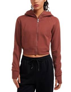 CRZ YOGA Damen Full Reißverschluss Fleece Hoodie Jacke Cropped Running Zip Up Laufjacke Workout Sport Sweatjacke mit Daumenloch Jujube Braun 40 von CRZ YOGA