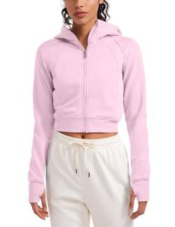 CRZ YOGA Damen Full Reißverschluss Fleece Hoodie Jacke Cropped Running Zip Up Laufjacke Workout Sport Sweatjacke mit Daumenloch Rosa Pfingstrose 40 von CRZ YOGA