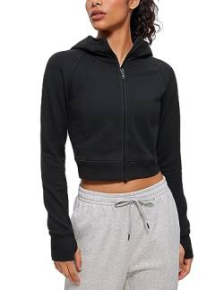 CRZ YOGA Damen Full Reißverschluss Fleece Hoodie Jacke Cropped Running Zip Up Laufjacke Workout Sport Sweatjacke mit Daumenloch Schwarz 38 von CRZ YOGA