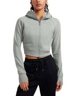 CRZ YOGA Damen Full Reißverschluss Fleece Hoodie Jacke Cropped Running Zip Up Laufjacke Workout Sport Sweatjacke mit Daumenloch Sterling 40 von CRZ YOGA