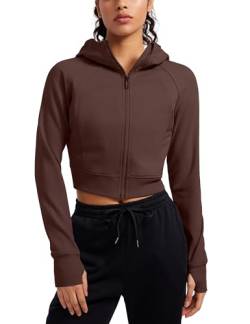 CRZ YOGA Damen Full Reißverschluss Fleece Hoodie Jacke Cropped Running Zip Up Laufjacke Workout Sport Sweatjacke mit Daumenloch Taupe 38 von CRZ YOGA