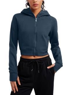 CRZ YOGA Damen Full Reißverschluss Fleece Hoodie Jacke Cropped Running Zip Up Laufjacke Workout Sport Sweatjacke mit Daumenloch Tinte Blau 38 von CRZ YOGA