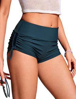 CRZ YOGA Damen High Waist Badeshorts Ruched Side Beach Schwimmshorts Sport Swimsuit Kurze Badehose Abzeichen Blau 38 von CRZ YOGA