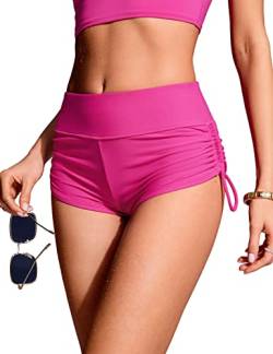 CRZ YOGA Damen High Waist Badeshorts Ruched Side Beach Schwimmshorts Sport Swimsuit Kurze Badehose Hibiskus-Purpur 38 von CRZ YOGA