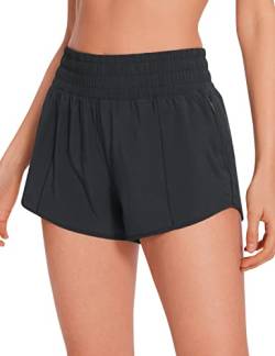 CRZ YOGA Damen High Waist Running Shorts Gym Sporthose Mesh Innenhose Schnelltrocknend Kurz Hose mit Zip Tasche - 6.4cm Schwarz 34 von CRZ YOGA