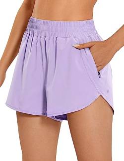 CRZ YOGA Damen Kurz Sporthose Laufhose High Waist Fitness Sport Shorts Kurze Hose mit Reißverschlusstasche Flieder 40 von CRZ YOGA