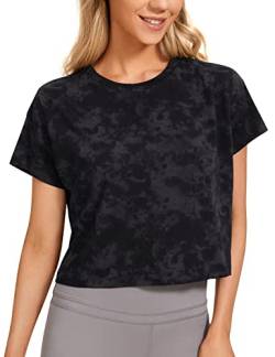 CRZ YOGA Damen Kurzarm Sport Tshirt Loose Baumwolle Fitness Crop Top Sommer Gym Workout Cropped Oberteile Der Rauchtintennebel 36 von CRZ YOGA