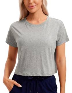 CRZ YOGA Damen Kurzarm Sport Tshirt Loose Baumwolle Fitness Crop Top Sommer Gym Workout Cropped Oberteile Heather Mittelgrau 38 von CRZ YOGA