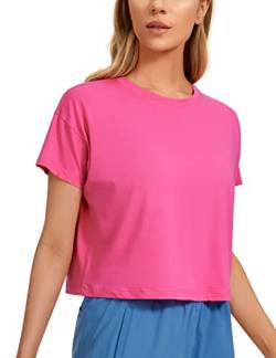 CRZ YOGA Damen Kurzarm Sport Tshirt Loose Baumwolle Fitness Crop Top Sommer Gym Workout Cropped Oberteile Schallrosa 42 von CRZ YOGA