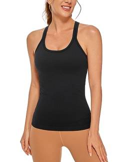 CRZ YOGA Damen Racerback Yoga Tank Top Gepolstert Ohne Bügel Sport Top Nahtlos Lang Tanktops Fitness Gym Oberteile Schwarz 40 von CRZ YOGA