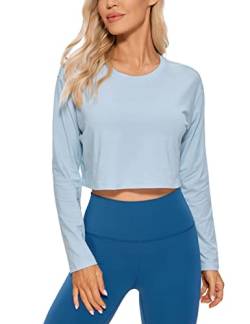 CRZ YOGA Damen Sport Langarmshirt Shirt Gym Fitness Longsleeve Crop Top Baumwolle Breathable Cropped Sweatshirt Blaues Leinen 44 von CRZ YOGA