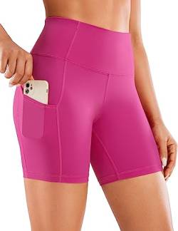 CRZ YOGA Damen Sport Radlerhose Blickdichte High Waist Biker Shorts Running Kurze Leggings mit Tasche - Naked Feeling Light - 15cm Hibiskus-Purpur 38 von CRZ YOGA