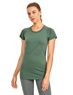 CRZ YOGA Damen Sport T-Shirt Nahtlos Gym Shirts Laufshirt Funktionsshirt Fitness Kurzarm Shirt Sportshirt Lebendiges Grün 40 von CRZ YOGA