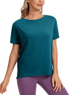 CRZ YOGA Damen Sport Top Fitness Kurzarm Leichte Sommer Loose T Shirt Atmungsaktiv Baumwolle Yoga Oberteile Grüne Jade 40 von CRZ YOGA