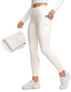 CRZ YOGA Damen Thermo Leggings mit Taschen High Waist Fleece Sport Yoga Leggins Warm Sporthose - 64cm Weiße Aprikose 40 von CRZ YOGA