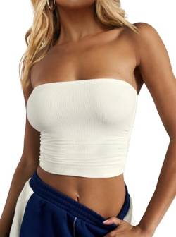 CSDAJIO Damen Casual Geraffte Seite Trägerlos Crop Tube Top Rippstrick Bandeau Top Sommer Skinny Shirt, Rib Weiß, Klein von CSDAJIO