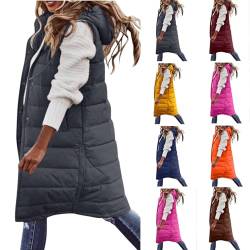 CSHE Wintermantel Damen Lang, Warm Steppmantel mit Kapuze, Daunenmantel Gefüttert Elegant Steppjacke Winterjacke, Ärmellose Weste mit Taschen und Kapuze von CSHE