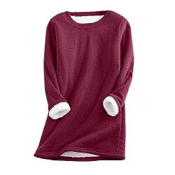 1 Euro Artikel - Damen Teddy Fleece Sweatshirt Warme Sherpa Gefüttertes Pullover Herbst Winter Casual Pulli Langarmshirt Oberteile Tops Rundhals Einfarbig Thermounterwäsche, Wein, XL von CSKJ