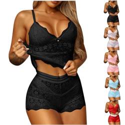 1 Euro Artikel Schlafanzug Damen Sexy Pyjama Set Nachtwäsche Kurz Hausanzug Spitzen Cami Top und Shorts Negligee V-Ausschnitt Loungewäsche Sleepwear Schlafanzüge, schwarz, XXL von CSKJ