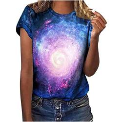 Aesthetic Clothes - Tshirt Damen Galaxie Drucken Damen Bluse Kurzarm Rundhalsausschnitt T-Shirt Damen Locker Frauen Oberteile Sommer Alltag Crop Top Teenager Mädchen Kleidung, Weiß, L von CSKJ