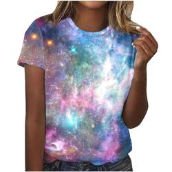 Ausgefallene Tshirt Damen Galaxie Druck T-Shirt Lässige Oberteile Pullover Einfarbiges Basic Shirt Rundhals Kurzarm Sommer Tops Lockere All-Match Tunika Bluse Laufshirt Sportshirt von CSKJ