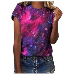 Ausgefallene Tshirt Damen Galaxy Druck T-Shirt Lässige Oberteile Pullover Einfarbiges Basic Shirt Rundhals Kurzarm Sommer Tops Lockere All-Match Tunika Bluse Laufshirt Sportshirt von CSKJ