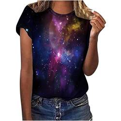 Bandeau Top Damen - Tshirt Damen Galaxie Drucken Damen Bluse Kurzarm Rundhalsausschnitt T-Shirt Damen Locker Frauen Oberteile Sommer Alltag Crop Top Teenager Mädchen Kleidung, Mehrfarbig, M von CSKJ