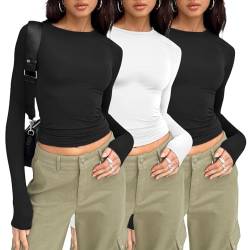 Basic Langarmshirt Damen Langarmshirt Damen Crop Tops Rundhals Slim Fit Top T-Shirt Lässige Streetwear Schulterfrei Y2k Fashion Aesthetic Clothes Outfit Teenager Einfarbig Basic Cropped Tee von CSKJ