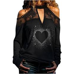 Bluse Damen Elegant Lässig Spitzen Oberteile Frauen Glitzer Top Totenkopf Druck Langarmshirt Damen Sexy Spitzenbluse Patchwork Frau Sweatshirt Slim Tshirt Mädchen Kurzarm/Langarm Bluse Tunika Shirts von CSKJ