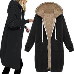 Bluse Damen Langarm - Winterjacke Damen Teddy Fleecejacke Warm Gefüttert Winter Plüschjacke Lang Einfarbig Winterpullover Hooded Jacke Casual Kapuzenpullover mit Tasche, Schwarz, XXL von CSKJ