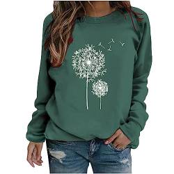 Bluse Damen - Pullover Damen Sweatshirt Löwenzahn Drucken Langarm Rundhals Pulli Herbst Winter Frauen Locker Casual Oberteil Sport Streetwear Sweatshirts ohne Kapuze Bluse Tops, Armeegrün, M von CSKJ