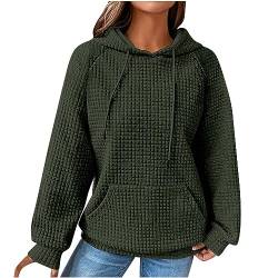 Blusen Damen - Kapuzenpullover Damen Vintage Waffel Pullover mit Kapuze Sweatshirt Casual Langarm Hoodie Langarmshirt Baumwolle Sport Kapuzenpulli Herbst Winter Warm Outwear, Armeegrün, XXL von CSKJ