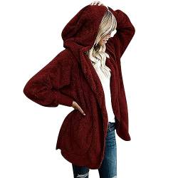 CSKJ Amazon Basics - Damen Mantel Plüschjacke Hoodie Jacke Oversize Wintermantel Kurzmantel Warm Cardigan Kapuzenjacke Winterjacke mit Taschen, Wein, M von CSKJ