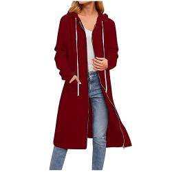 CSKJ Amazon - Damen Lange Hoodie Zip Sweatjacke Langarmshirt Kapuzenpullover mit Reißverschluss Sweatshirtjacke Pullover Oberteile Kapuzenpullover mit Tasche, Wein, L von CSKJ