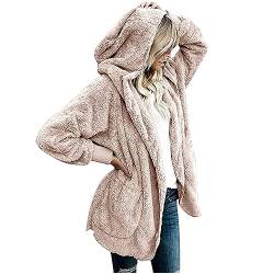 CSKJ Angebote - Damen Mantel Plüschjacke Hoodie Jacke Oversize Wintermantel Kurzmantel Warm Cardigan Kapuzenjacke Winterjacke mit Taschen, Khaki, M von CSKJ