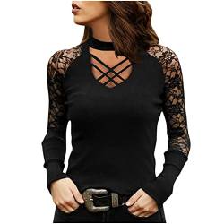 CSKJ Bluse Damen Elegant Lässig Spitzen Oberteile Frauen Glitzer Top Langarmshirt Sexy Spitzenbluse Patchwork Frau Sweatshirt Slim Tshirt Mädchen Kurzarm/Langarm Sale Angebote, Schwarz, XX-Large von CSKJ