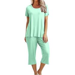 CSKJ Body Damen Schlafanzüge Damen Loungewäsche Kurz Nachtwäsche Pyjama Set Kurzarm Top Schlafanzug mit 3/4 Lang Schlafhose Zweiteiliger Pjs Sets Sleepwear Schlafanzughosen, mintgrün, M von CSKJ