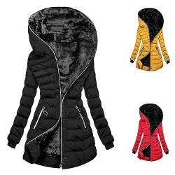 CSKJ College Jacke - Daunenmantel Damen Winterjacke Damen Lang Warm Gefüttert Teddy Fleecejacke Einfarbig Langarm Reißverschluss Hooded Jacke Slim Winter Kapuzenpullover mit Tasche, Schwarz, XL von CSKJ