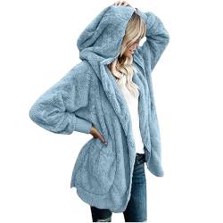 CSKJ Cosplay Damen Mantel Plüschjacke Hoodie Jacke Oversize Wintermantel Kurzmantel Warm Cardigan Kapuzenjacke Winterjacke mit Taschen, Himmelblau, L von CSKJ