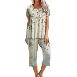 CSKJ Damen Unterwäsche Schlafanzug Damen Kurz Pyjama Set Kurzarm Top mit 3/4 Lang Schlafhose Zweiteiliger Pjs Sets Nachtwäsche Loungewear Sleepwear Schlafshirt Negligee, grün, L von CSKJ