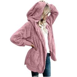 CSKJ Damen Winterjacke Sale Damen Mantel Plüschjacke Hoodie Jacke Oversize Wintermantel Kurzmantel Warm Cardigan Kapuzenjacke Winterjacke mit Taschen, Rosa, XXL von CSKJ