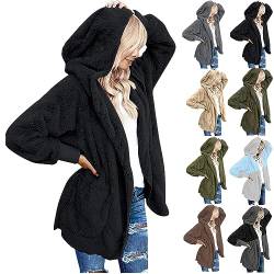 CSKJ Damen Wintermantel - Damen Mantel Plüschjacke Hoodie Jacke Oversize Wintermantel Kurzmantel Warm Cardigan Kapuzenjacke Winterjacke mit Taschen, Schwarz, XXL von CSKJ