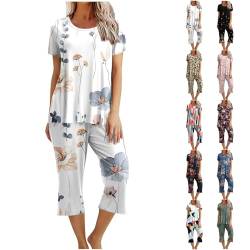 CSKJ Geschenke Für Frauen Schlafanzug Damen Kurz Pyjama Set Kurzarm Top mit 3/4 Lang Schlafhose Zweiteiliger Pjs Sets Nachtwäsche Loungewear Sleepwear Schlafshirt Negligee, weiß, M von CSKJ