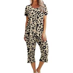 CSKJ Gutschein Schlafanzug Damen Kurz Pyjama Set Kurzarm Top mit 3/4 Lang Schlafhose Zweiteiliger Pjs Sets Nachtwäsche Loungewear Sleepwear Schlafshirt Negligee, braun, XL von CSKJ