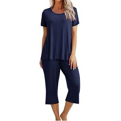 CSKJ Hausanzug Damen Schlafanzüge Damen Loungewäsche Kurz Nachtwäsche Pyjama Set Kurzarm Top Schlafanzug mit 3/4 Lang Schlafhose Zweiteiliger Pjs Sets Sleepwear Schlafanzughosen, Marineblau, L von CSKJ